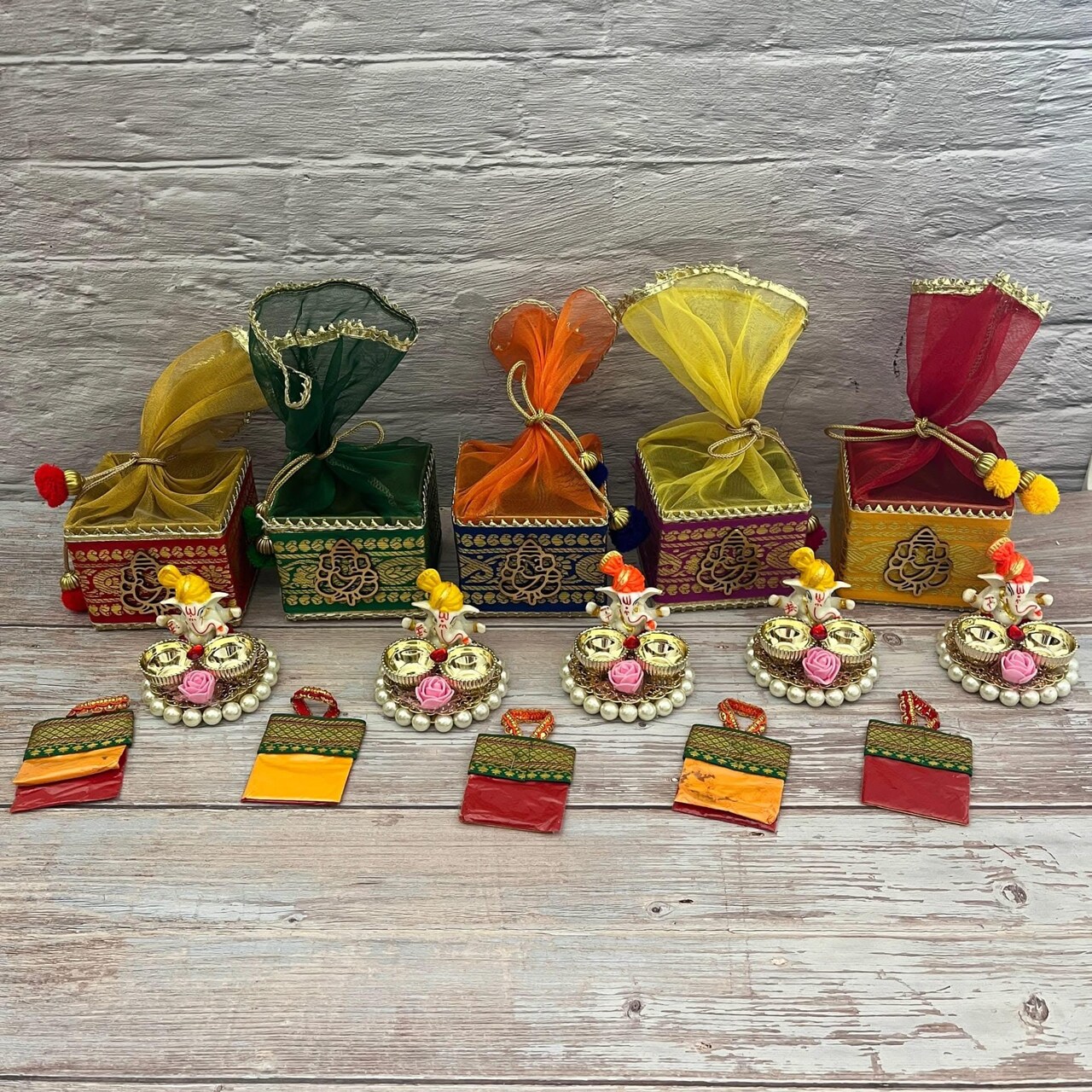 Ganesha Gift Hamper Hindu Religious Ganesh Chaturthi Diwali Puja Housewarming Teej Sankranti Return Gifts - Potli Basket Box Haldi Kumkum Packet & Ganesha Haldi Kumkum Holder